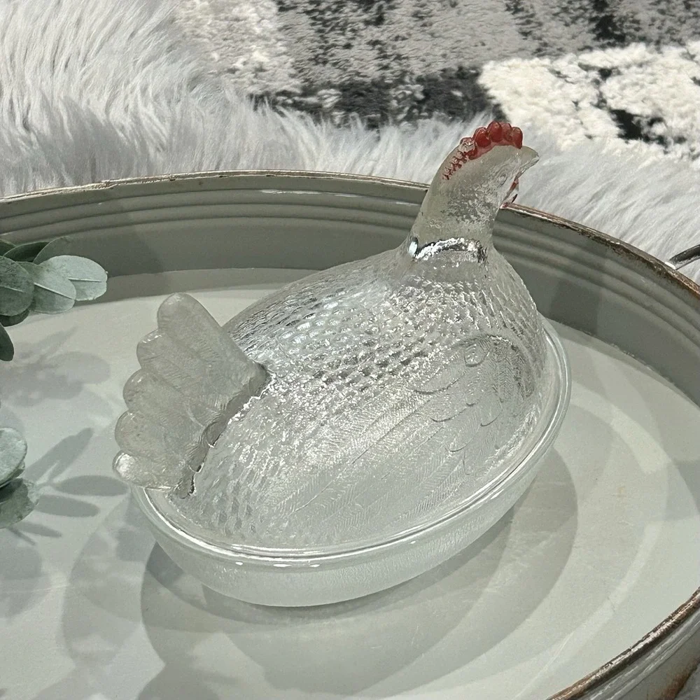 Vintage Clear‎ Hen On A Nest With Red Painted Comb and Wattle - Chicken Decor